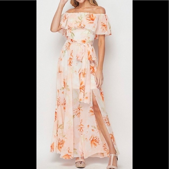 Petal roz Dresses & Skirts - PETAL ROZ Blush Pink Off-the-Shoulder Flower Print Maxi Dress Size: S